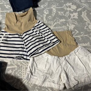Motherhood Maternity Navy & White Striped Shorts with Tan Waistband
